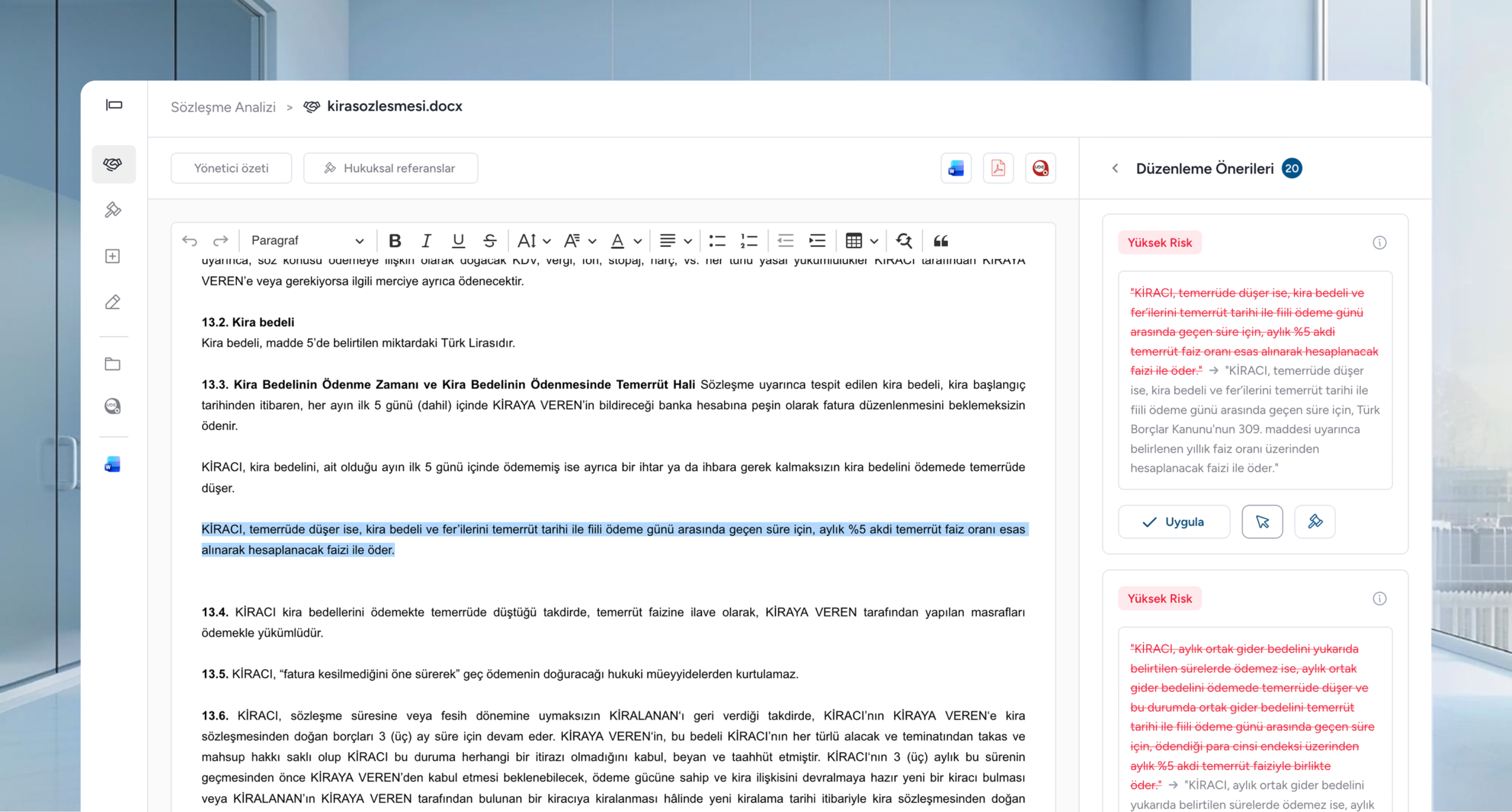 Sözleşme analizi, düzenleme önerileri ekranı